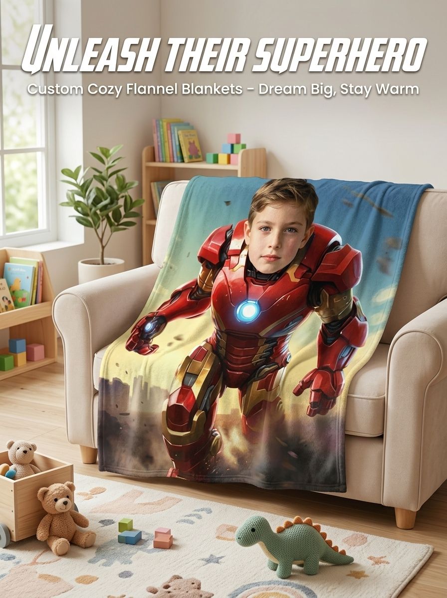 Custom Photo Superhero Flannel Fleece Blanket Personalized Face Throw for Kids Couch Bed