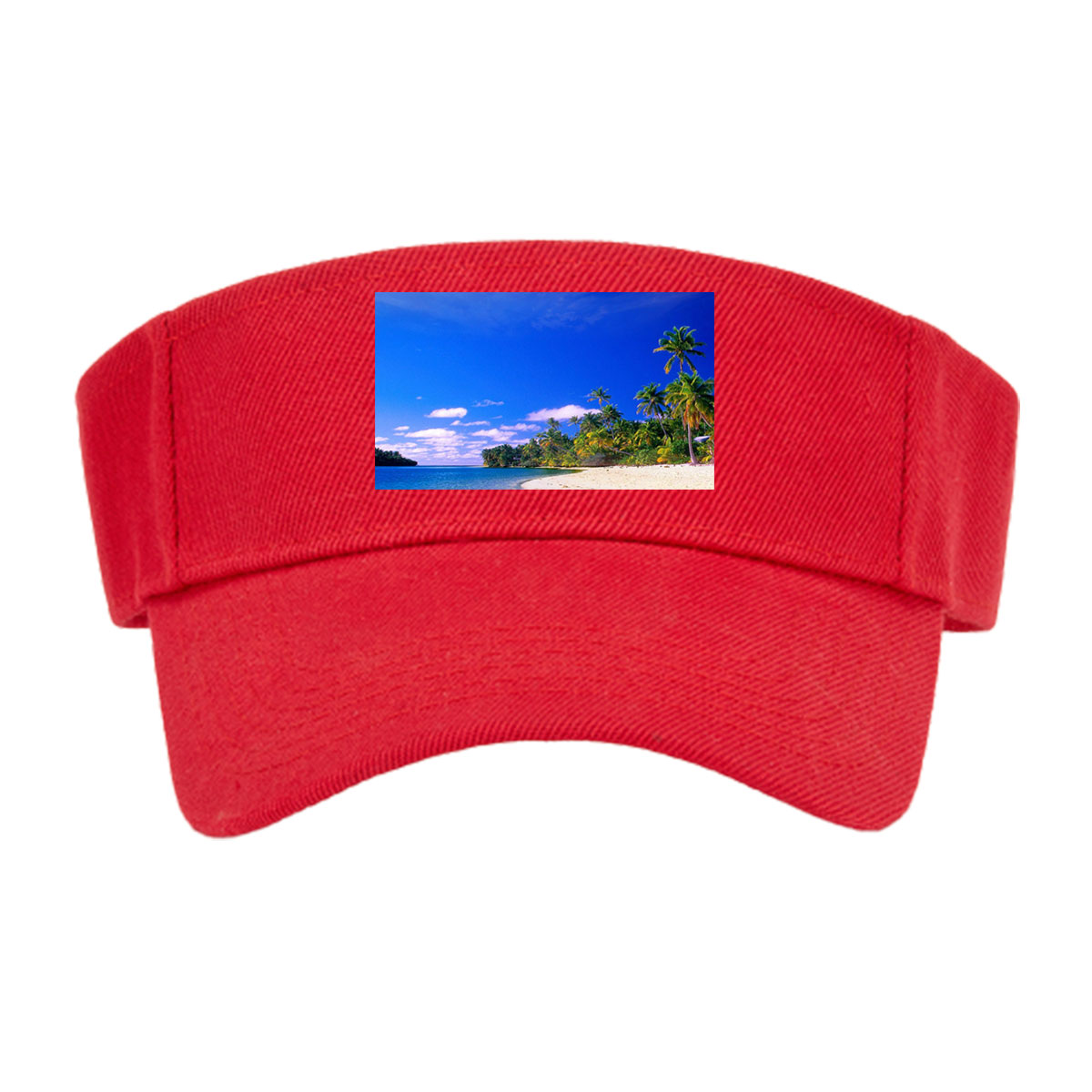 Seagulls soar over a pristine tropical beach with crystal-clear waters and palm trees under a vibrant blue sky. -  Visor cap