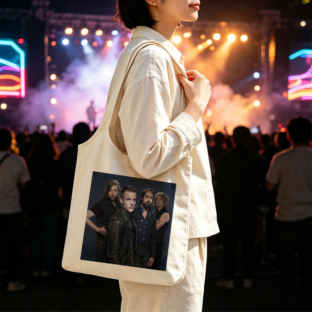 Imagine Dragons Band Members in Stylish Outfits Against Dark Background - Canvas shoulder bags/