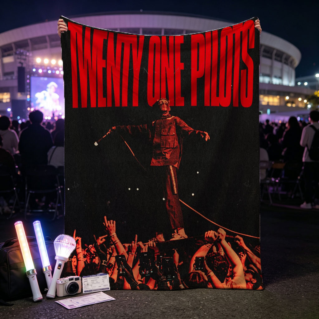 Twenty One Pilots Live Performance on Stage with Crowd in Red Lighting - Blankets