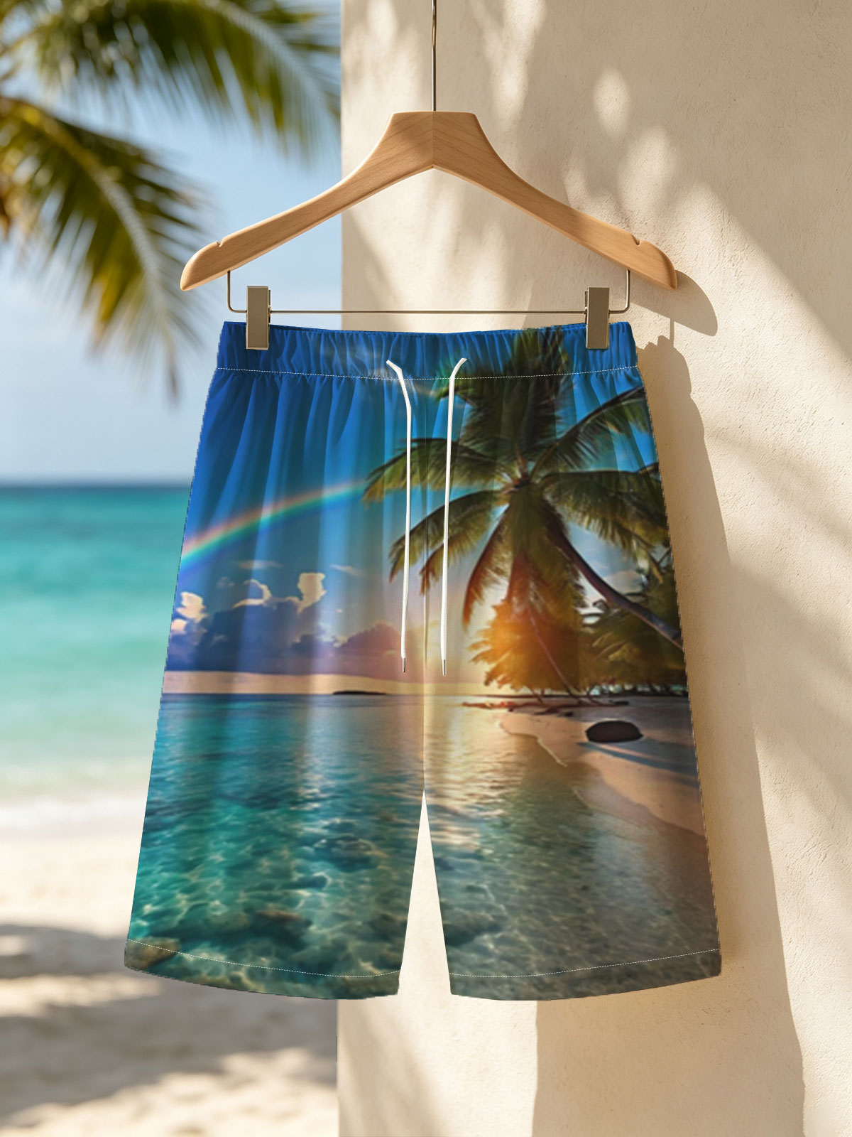 Tropical Beach with Rainbow and Palm Trees at Sunset -  Beach shorts