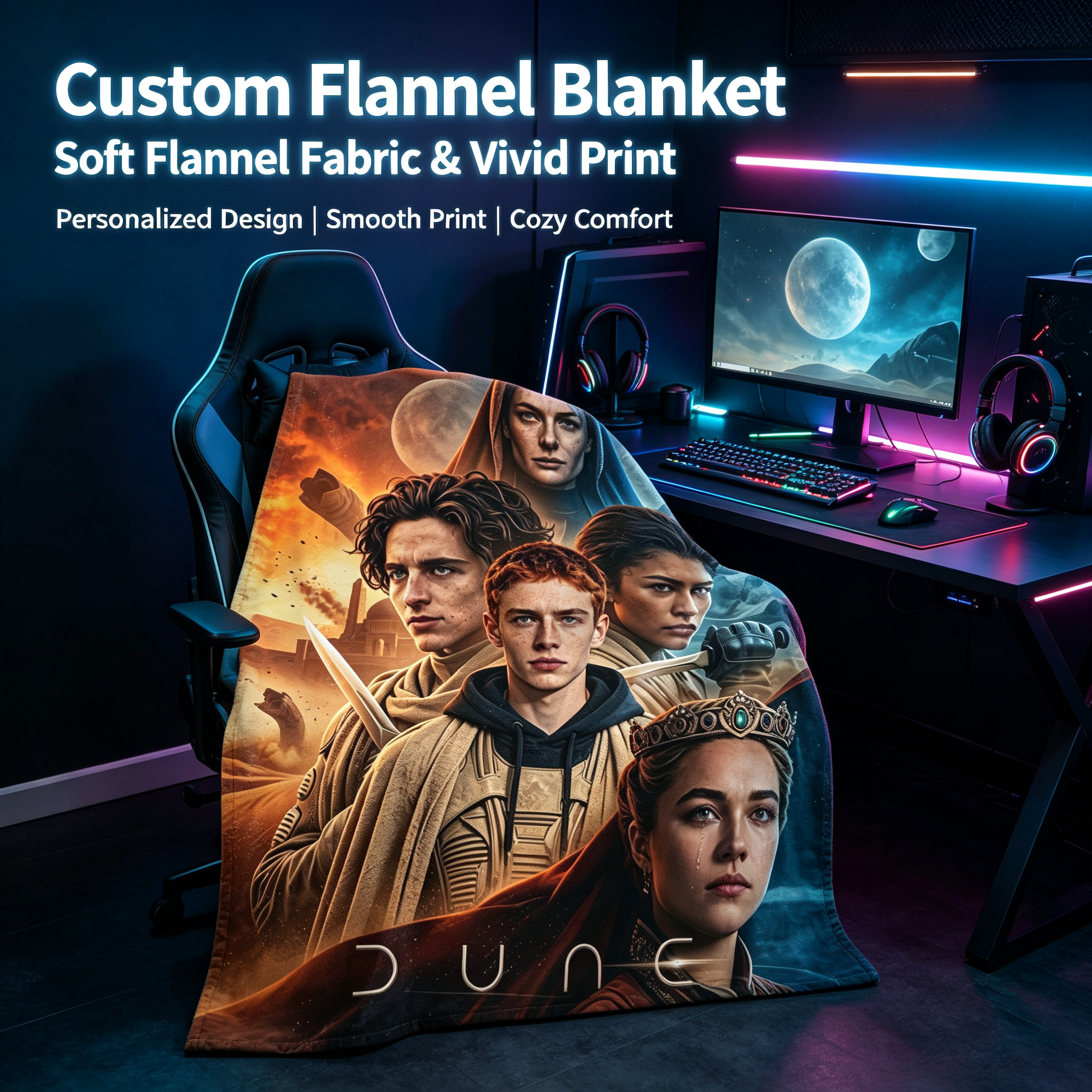 Custom Face Blanket Dune Part Three Messiah Flannel Blanket Movie Character Portrait Soft Cozy Throw Perfect for Fans Gift or Giveaway