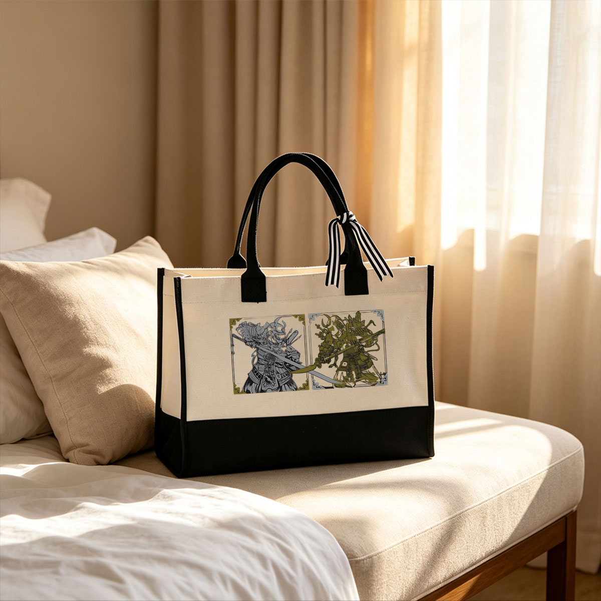 Samurai Warriors: Dual Armored Fighters in Black and Gold - Canvas patchwork gift tote bag