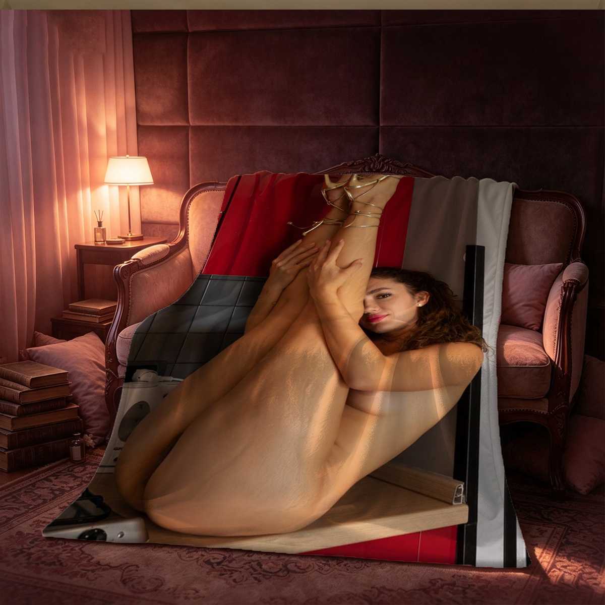 Nude Woman in Black Stockings Reaching for High Heels by Christmas Tree - Blanket