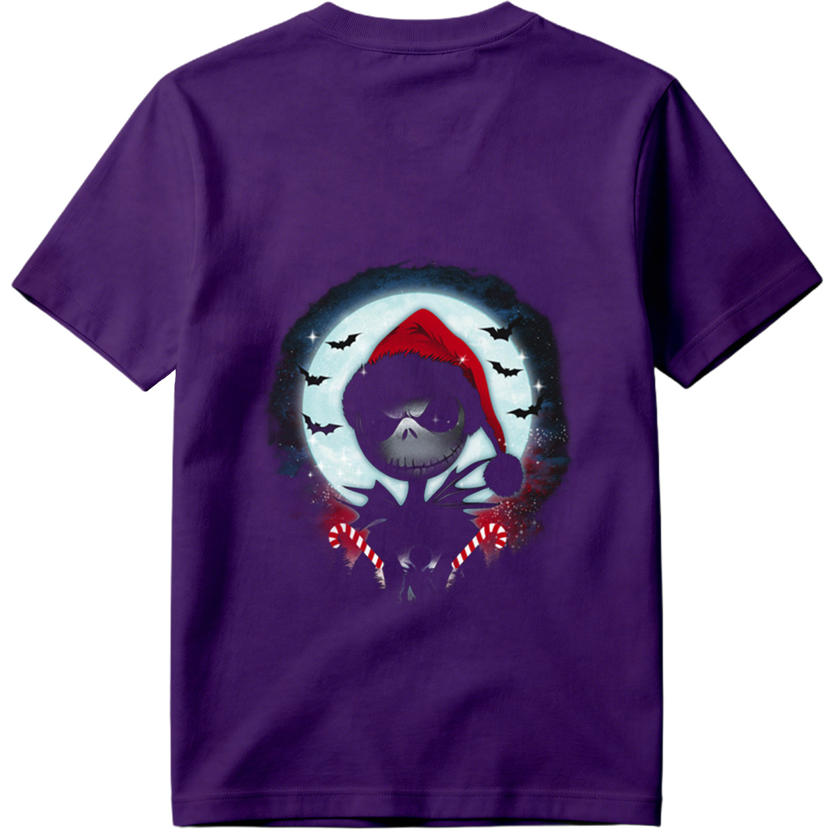 Jack Skellington in Santa Hat with Candy Canes Against Moonlit Sky - Tee