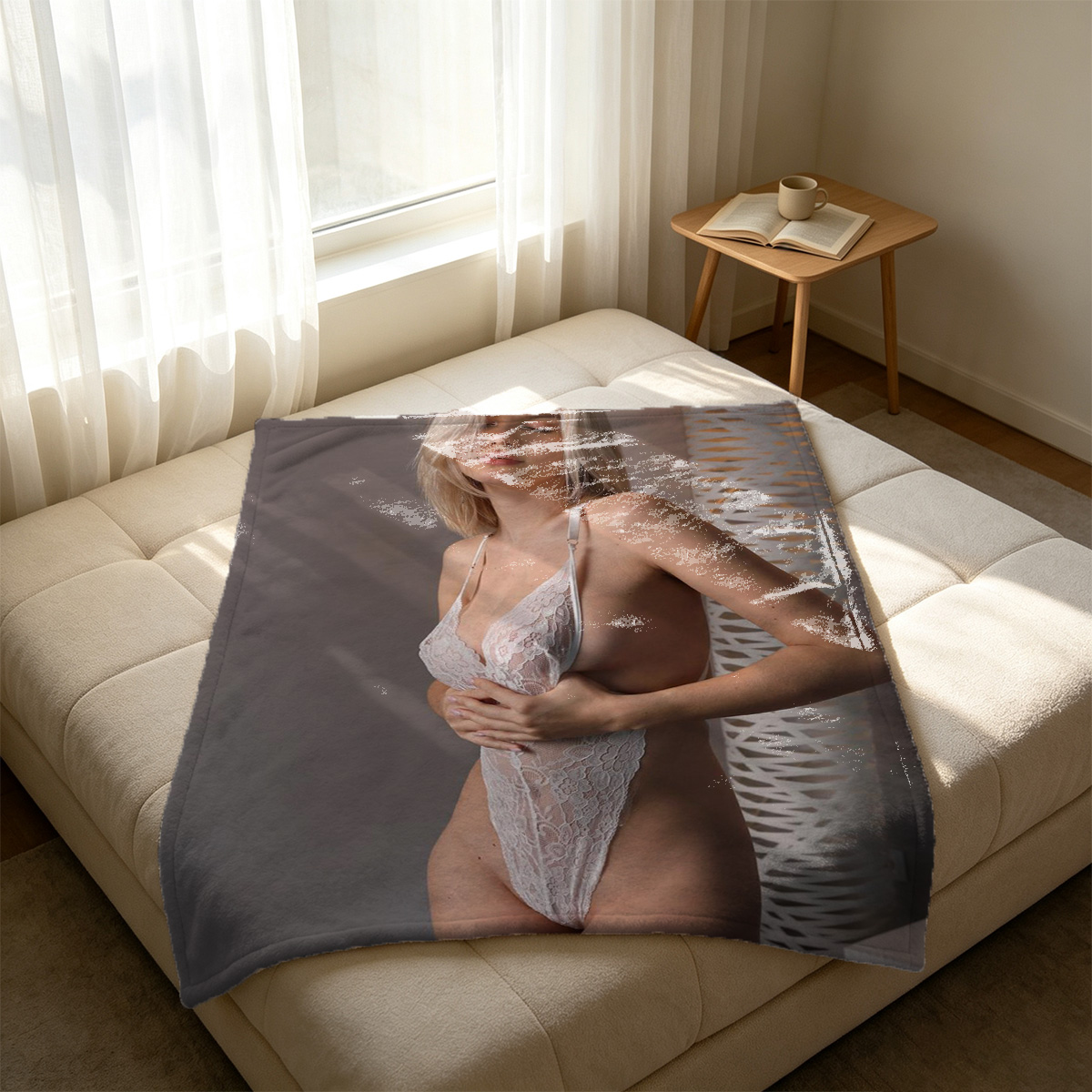 Woman in snakeskin bikini posing seductively against grey wall. - Blanket