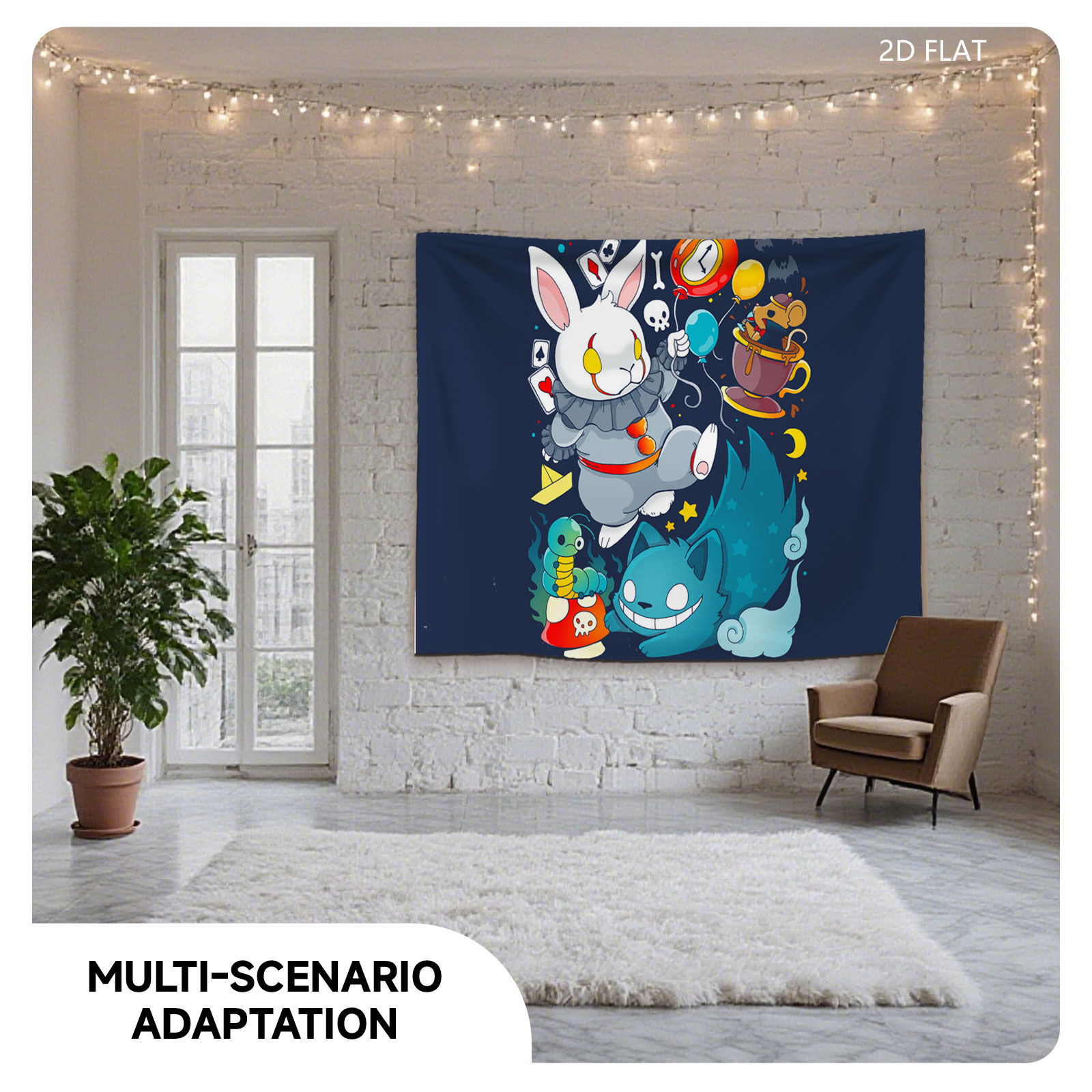 Alice in Wonderland Characters: White Rabbit, Cheshire Cat, Mad Hatter, and Caterpillar in Whimsical Scene - Tapestry