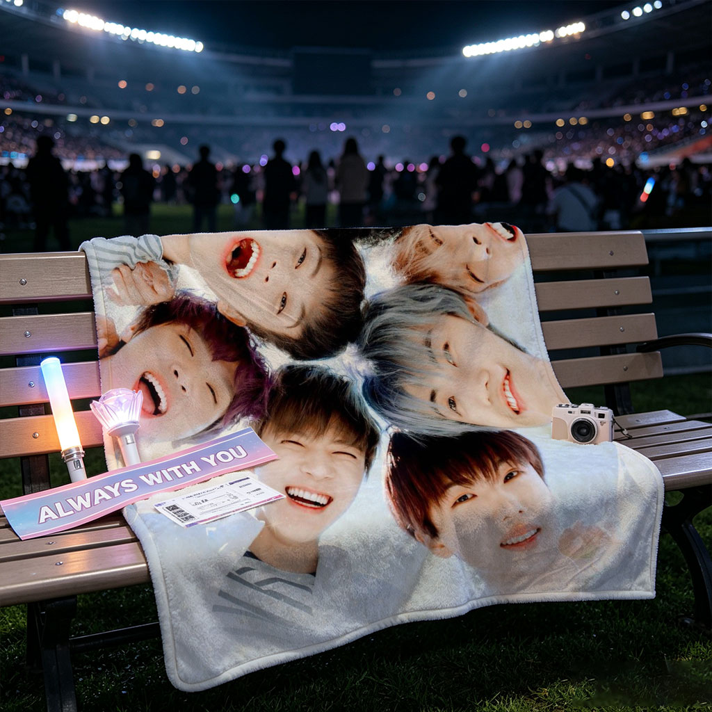 NCT Dream Members in a Circle Formation with Joyful Expressions Against a Sparkling Sky Background - Blankets