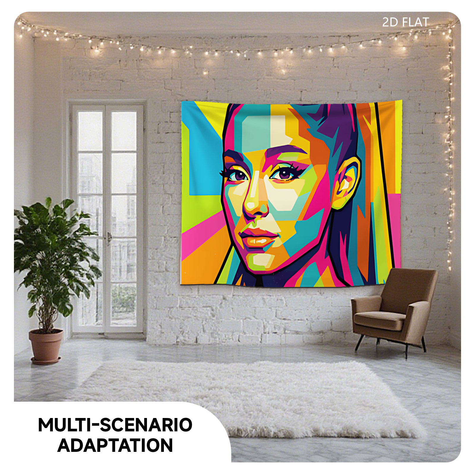 Colorful Pop Art Portrait of a Woman with Vibrant Geometric Patterns - Tapestry