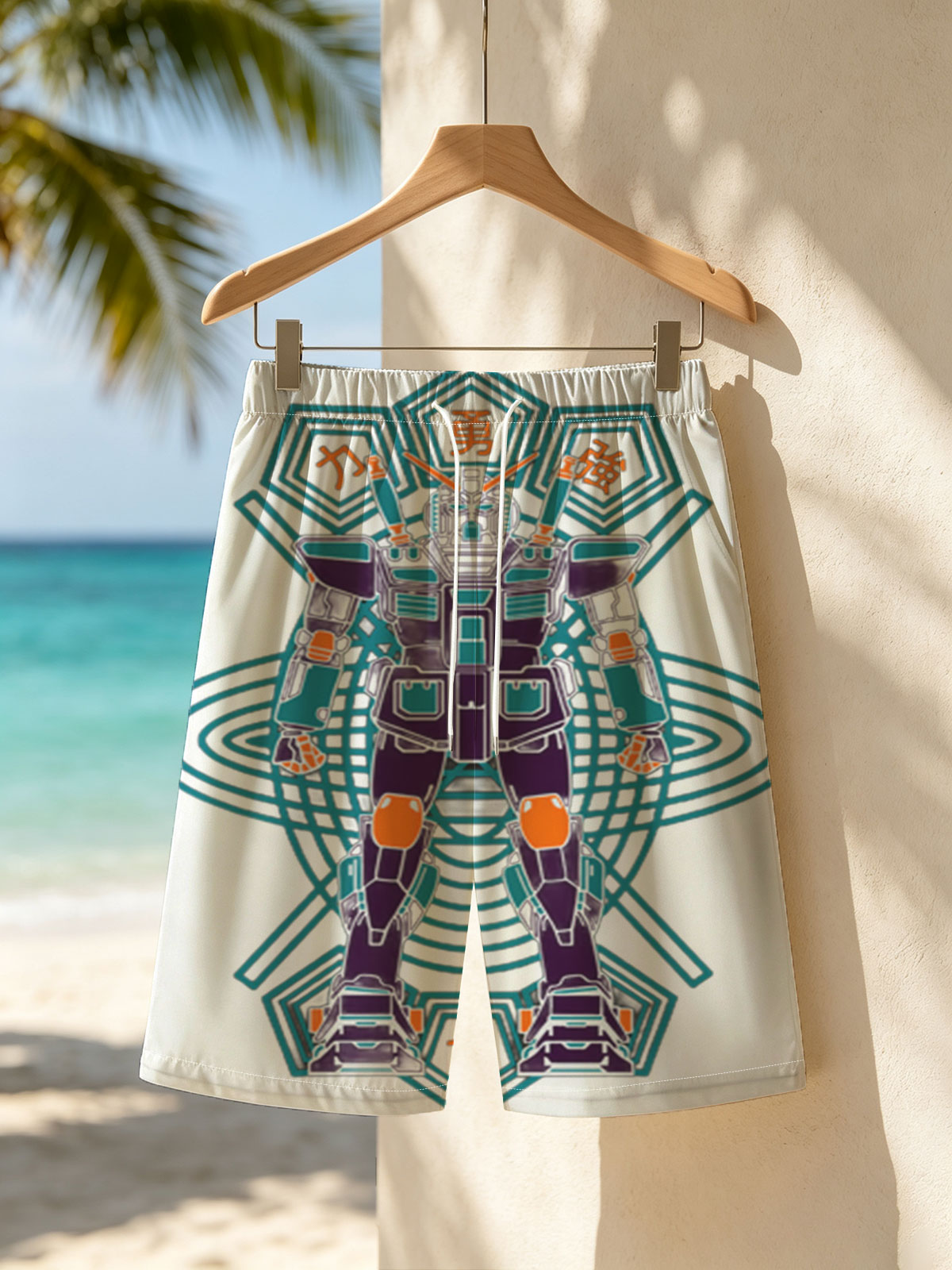 Gundam Warrior Robot with Chinese Characters and Geometric Design -  Beach shorts