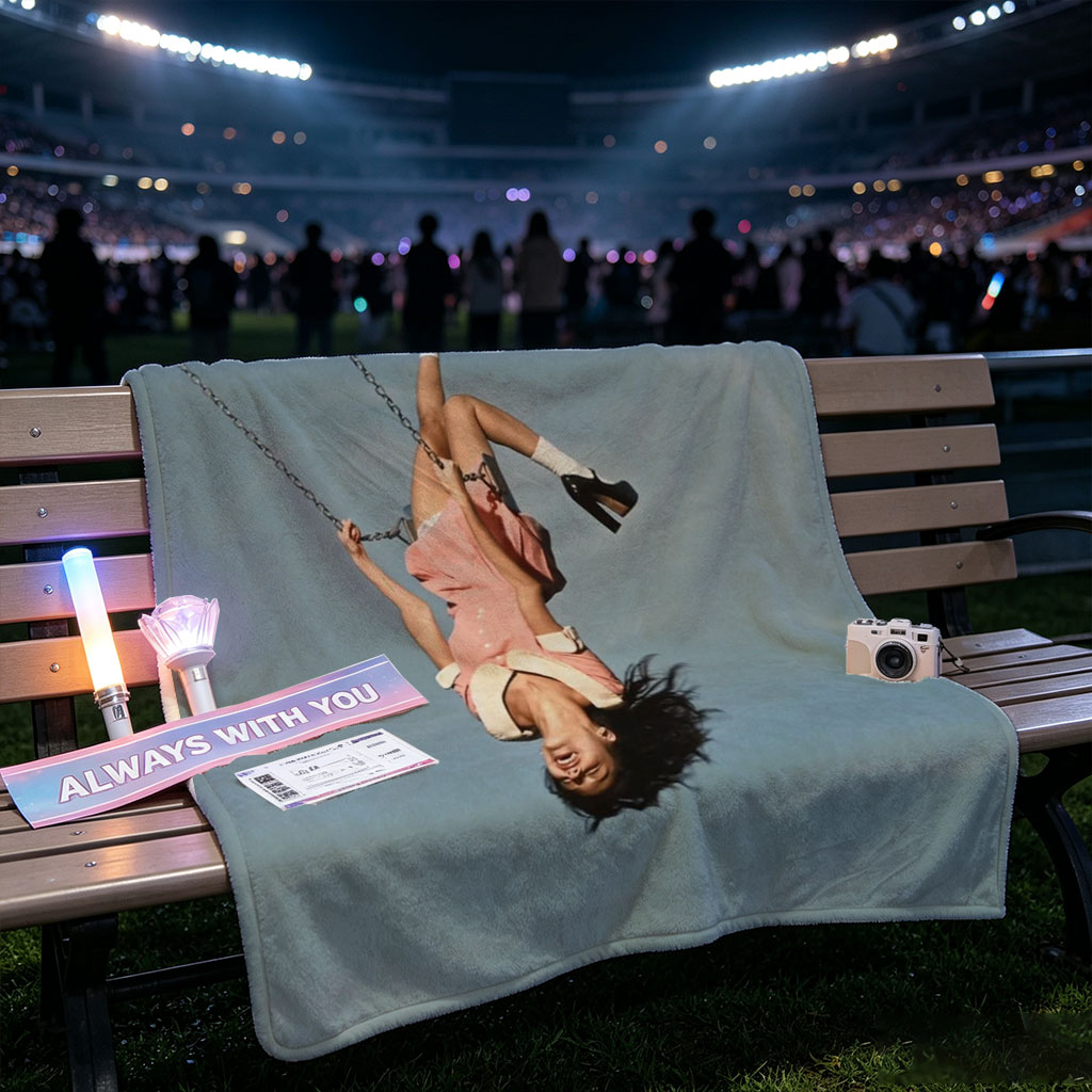 Taylor Swift Swinging on a Chain Against a Blue Sky - Blankets