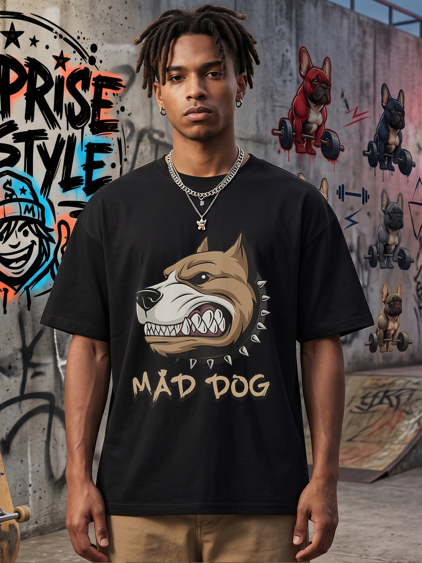 Men's Mad Dog Graphic Print T-Shirt, Angry Dog Head with Spiked Collar Design, Casual Round Neck Lightweight Breathable Summer Short Sleeve Tee for Outdoor Activities, Streetwear Fans and Dog Lover Enthusiasts
