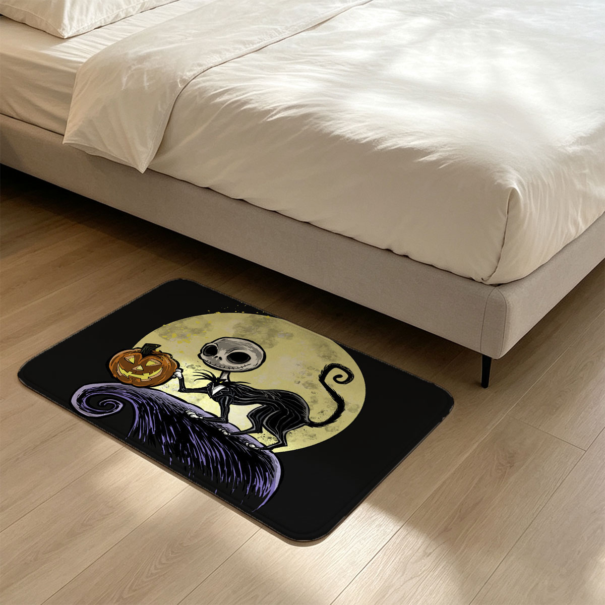 Jack Skellington from The Nightmare Before Christmas holding a pumpkin against a full moon - Flannel floor mat