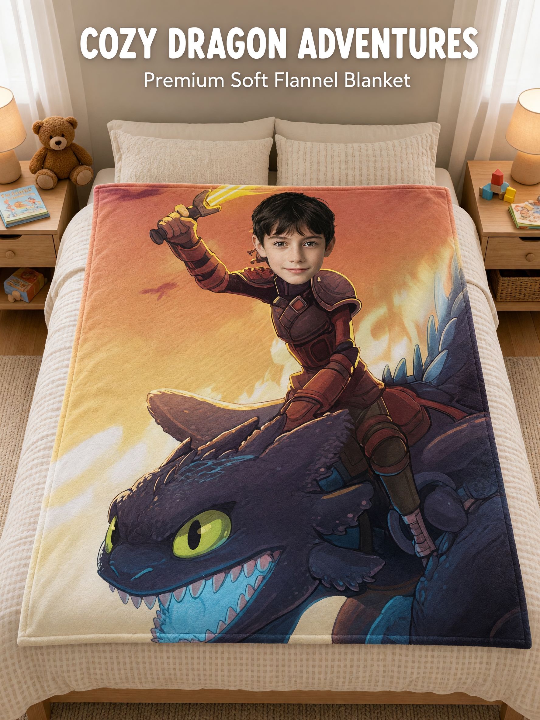 Custom Photo Dragon Rider Flannel Blanket Personalized Face Cutout Cozy Fleece Throw for Kids Boys and Fantasy Lovers
