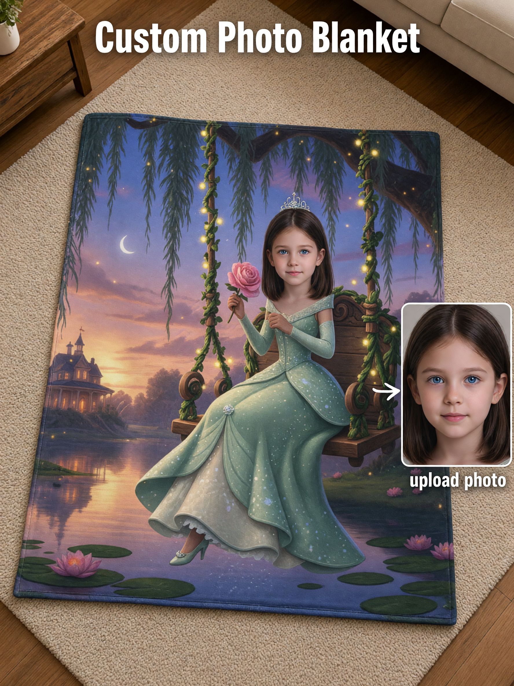 Personalized Photo Blanket Enchanted Princess Swing Design Soft Flannel Fleece Throw for Bed Couch Ideal Custom Gift