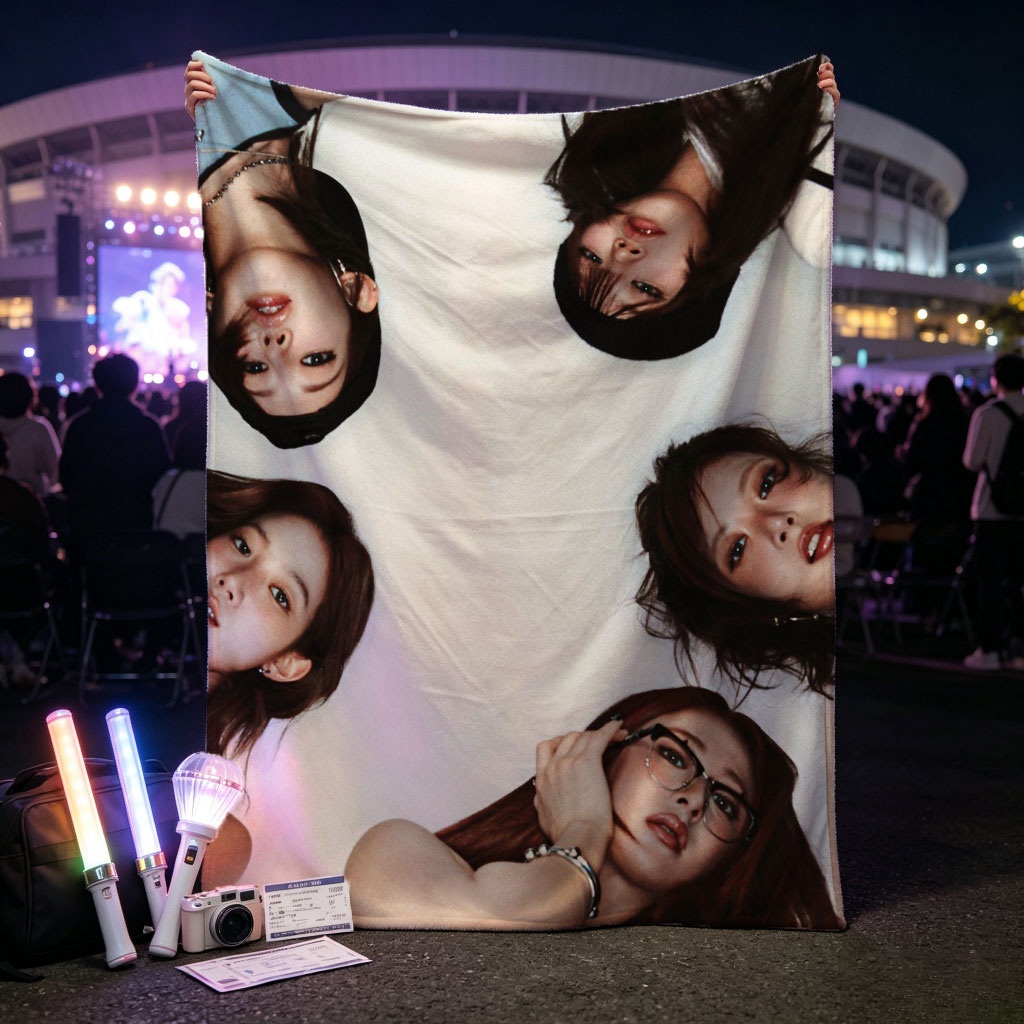 NewJeans Members Lying in a Circle on White Background with Expressive Poses and Fashionable Outfits - Blankets