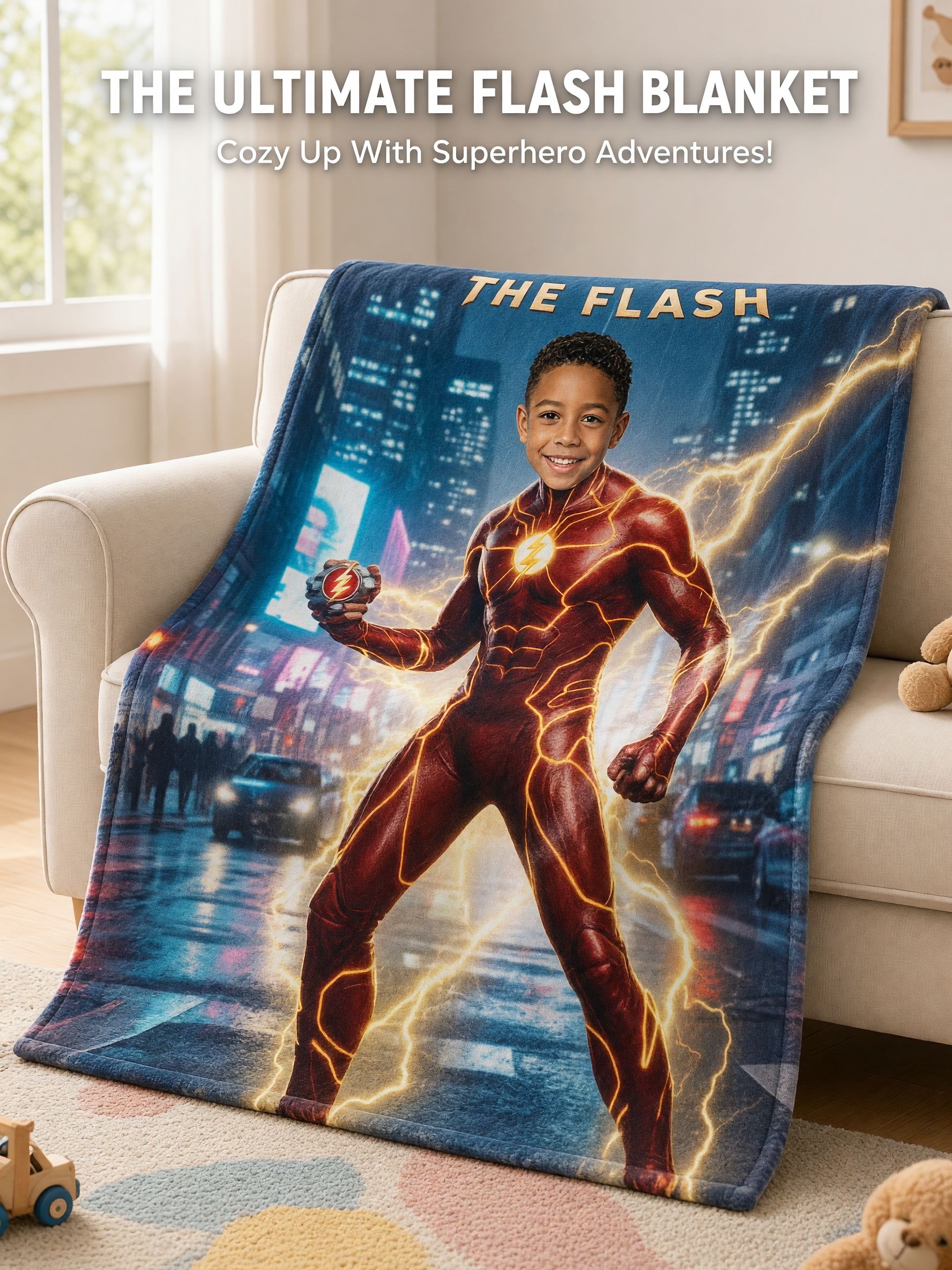 Custom Face Superhero Flannel Blanket, Personalized Photo Soft Warm Throw Blanket for Couch Bed, Ideal Personalized Gift