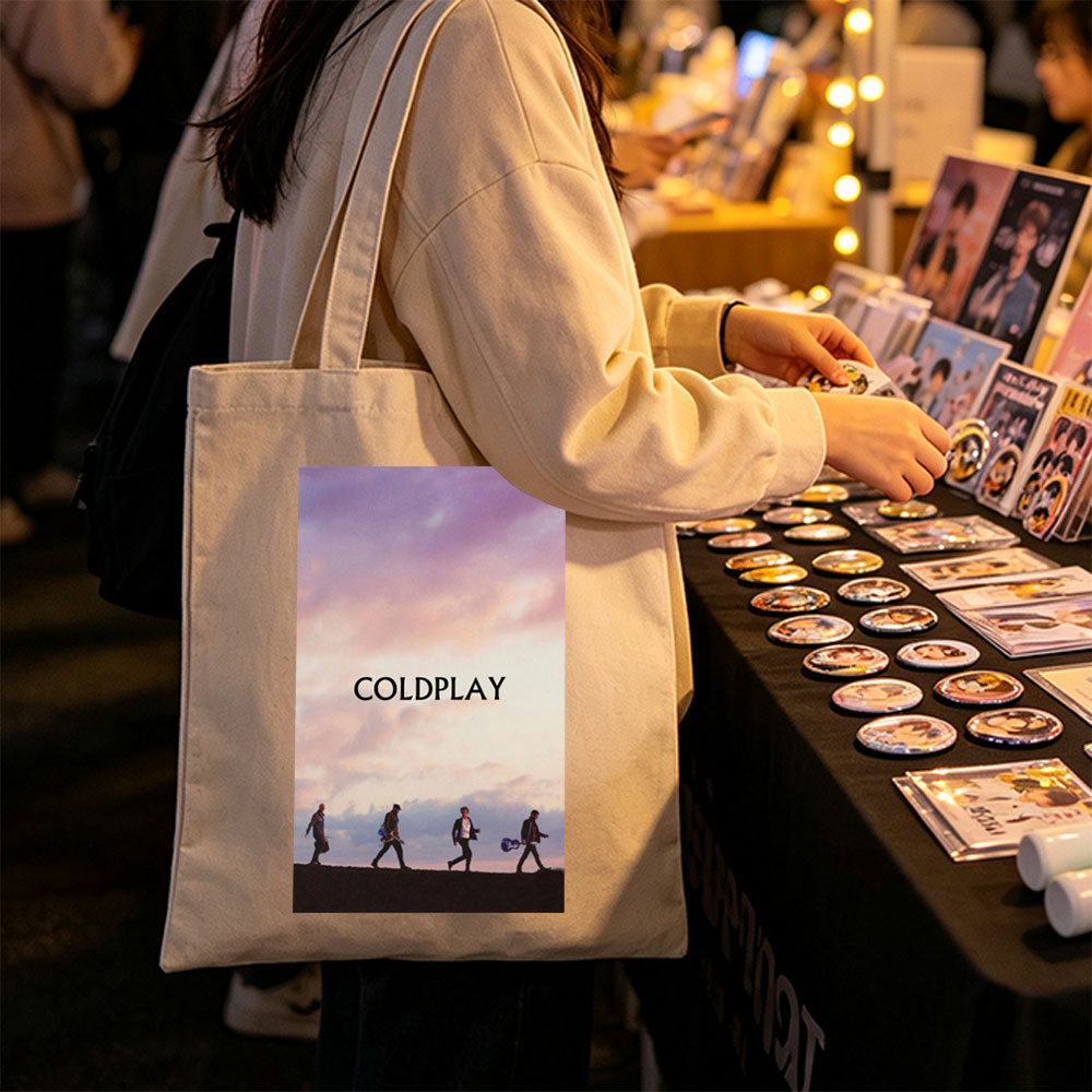 Coldplay Band Members Walking on a Hill at Sunset with Instruments - Canvas tote bags