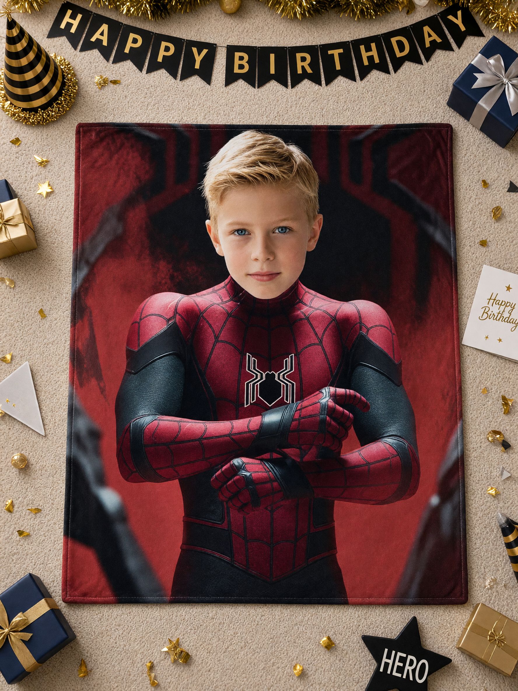 Custom Face Flannel Throw Blanket with Red and Black Spider Superhero Suit Design, Ultra-Soft Personalized Photo Gift