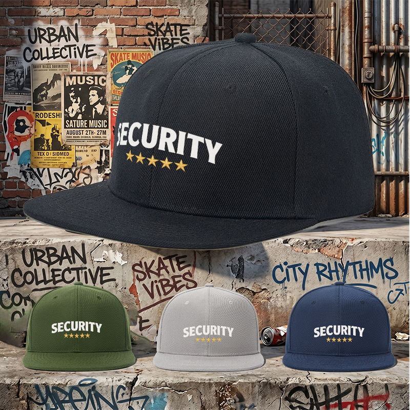 Flat Brim Baseball Cap Security 5 Star Embroidered Logo Streetwear Underground Skate Style for Basketball Court Skate Park Urban Lifestyle Skaters Rappers Streetwear Enthusiasts