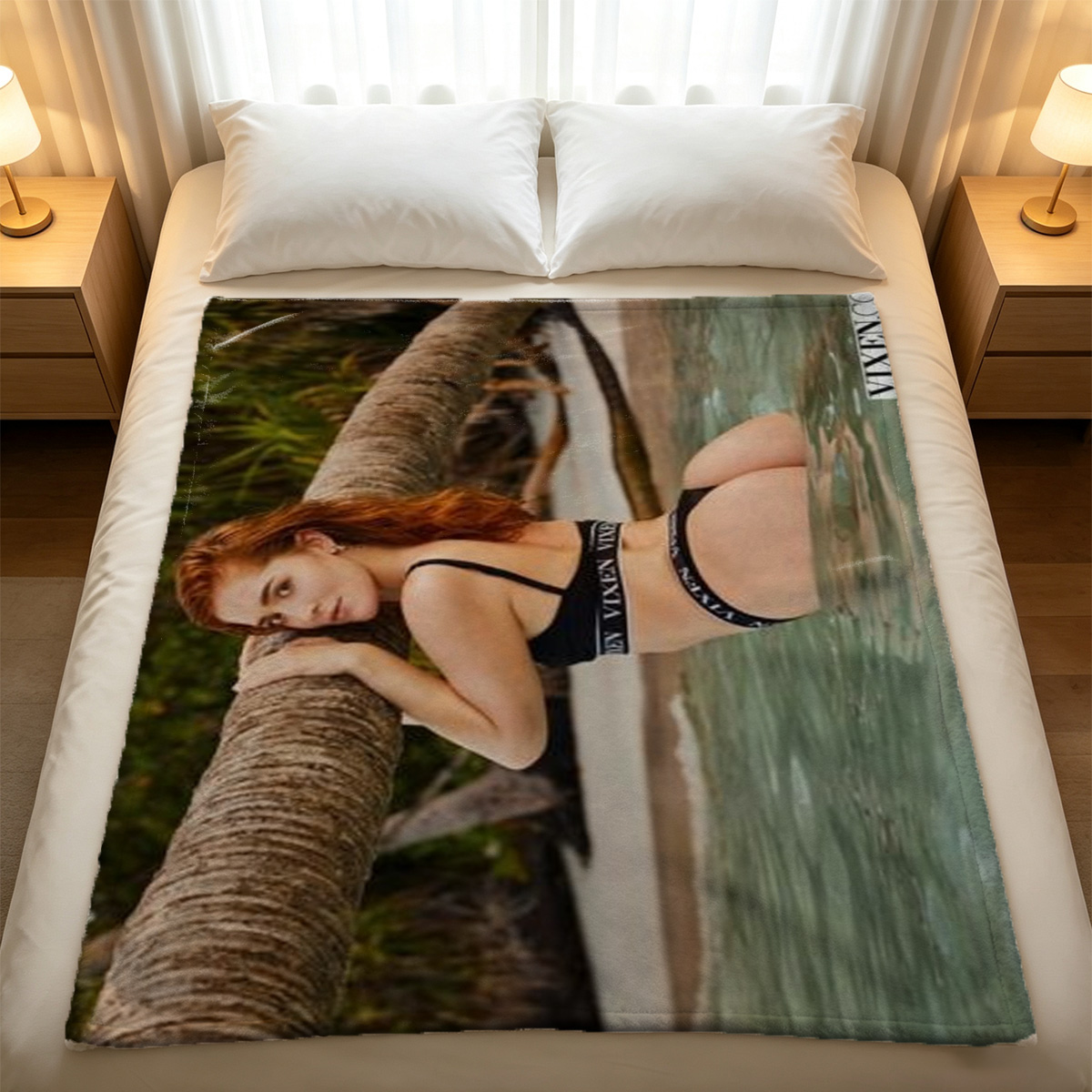 Blonde in black lingerie posing on leather couch with legs raised - Blanket