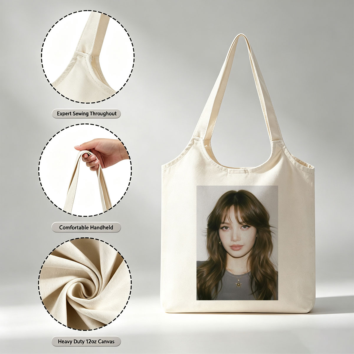 Lisa Blackpink Close-Up Portrait with Long Wavy Hair and Star Necklace - Canvas shoulder bags/