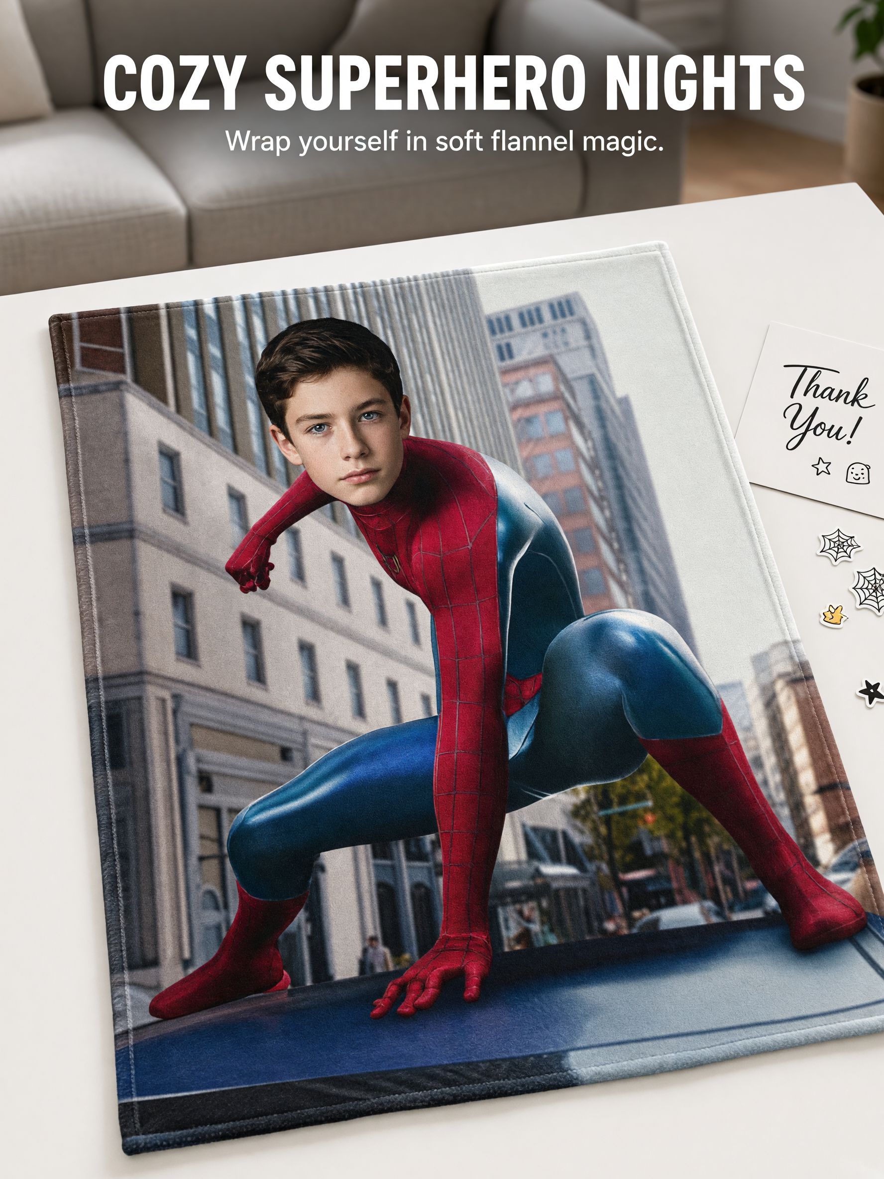 Custom Superhero Face Photo Blanket Personalized Flannel Fleece Throw for Kids and Adults Cozy Birthday Gift