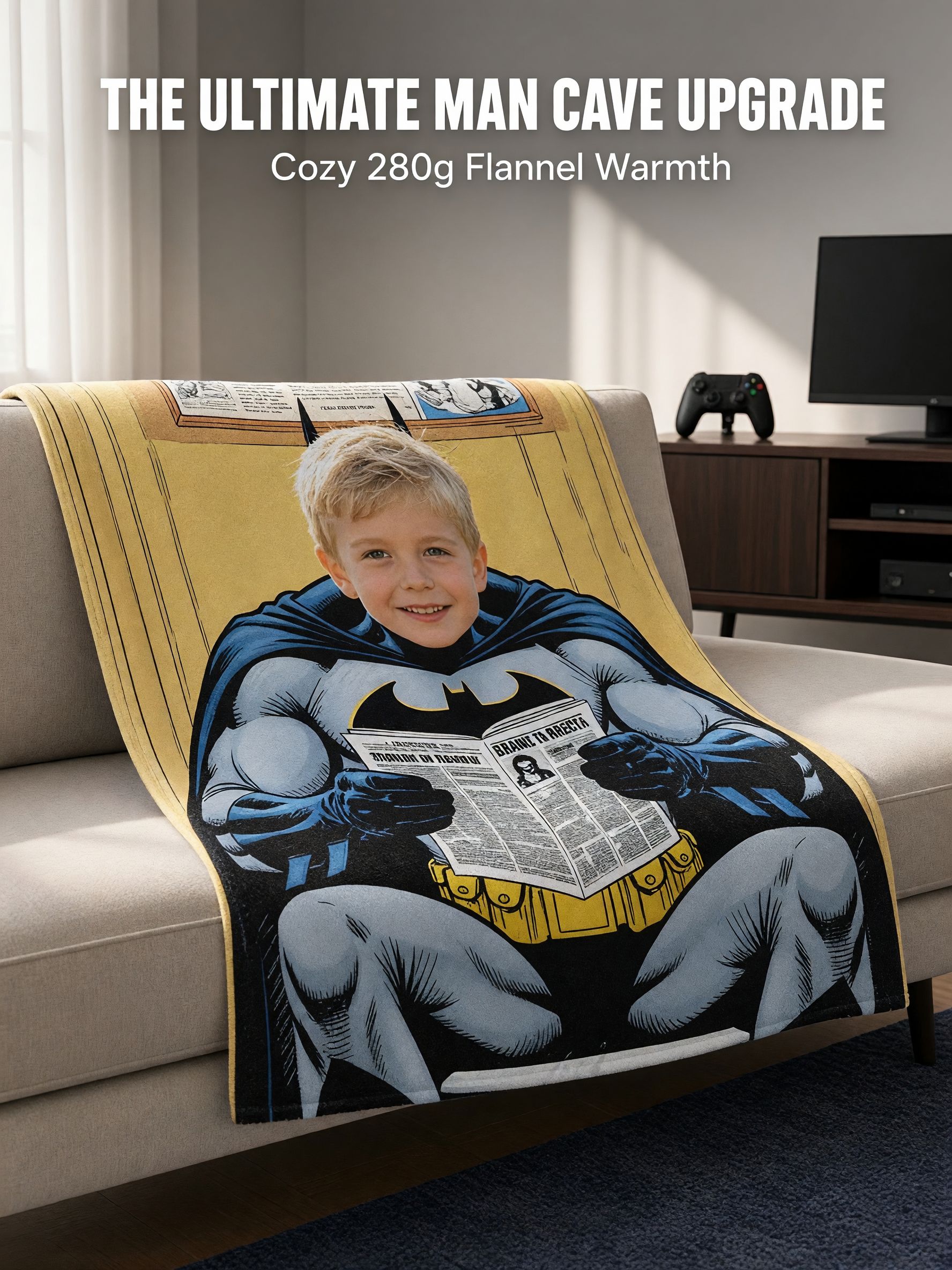 Custom Photo Comic Superhero Flannel Blanket, Personalized Face Portrait Soft Warm Throw for Bed Couch and Travel