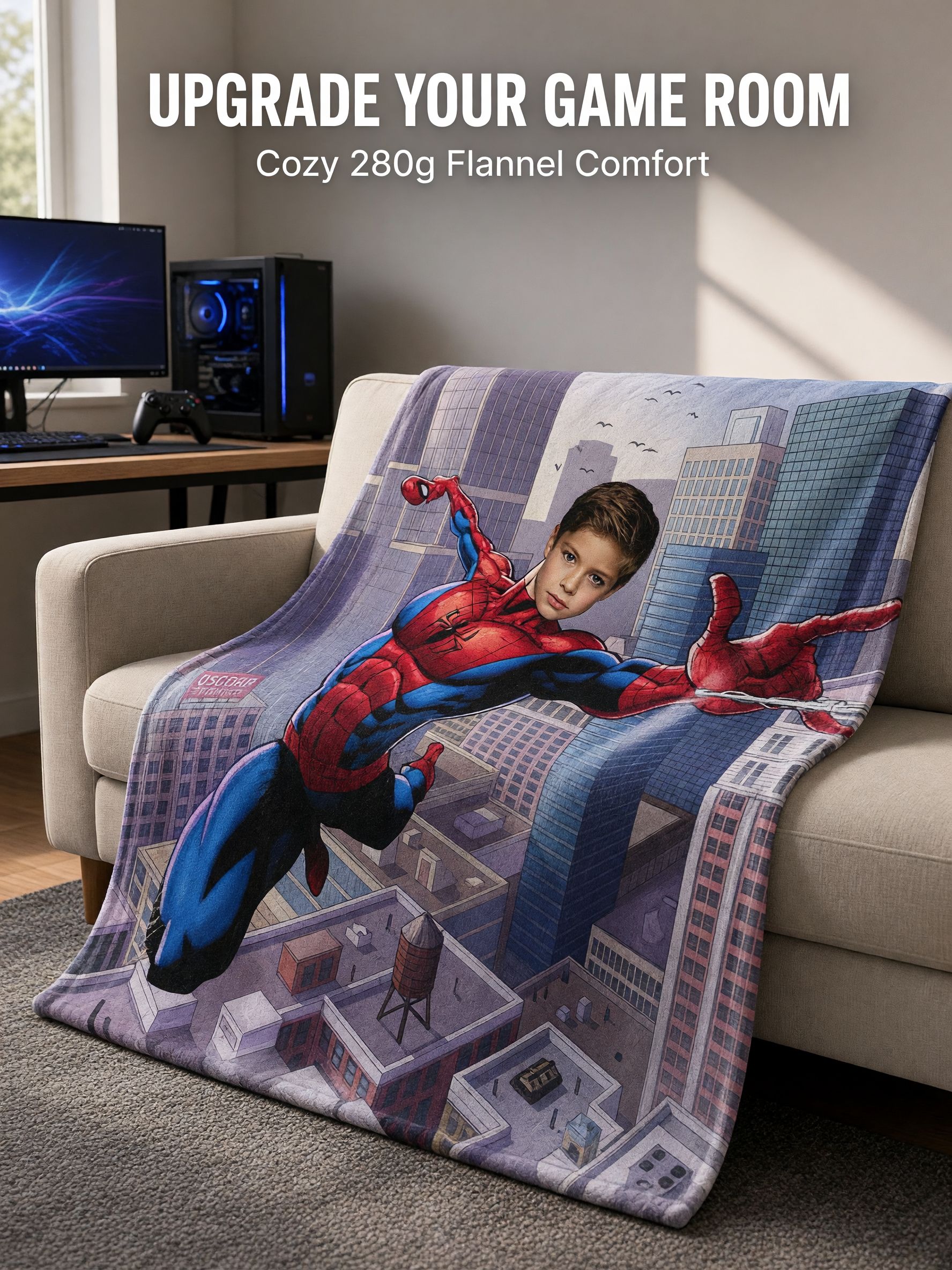 Personalized Superhero Photo Blanket, Custom Comic City Art Flannel Fleece Throw, Ideal Personalized Gift for Kids