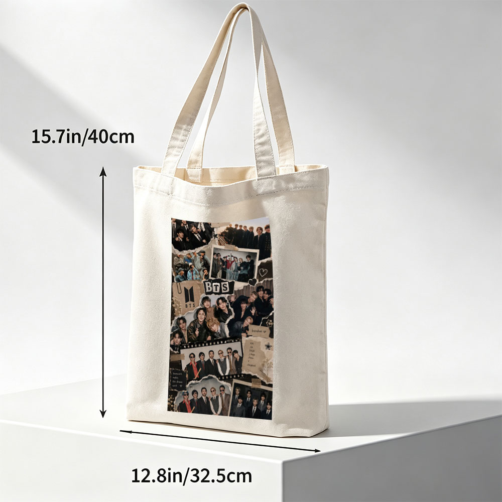 BTS Group Photo Collage Featuring Members in Various Outfits and Settings with Fans and Teamwork Theme - Canvas tote bags