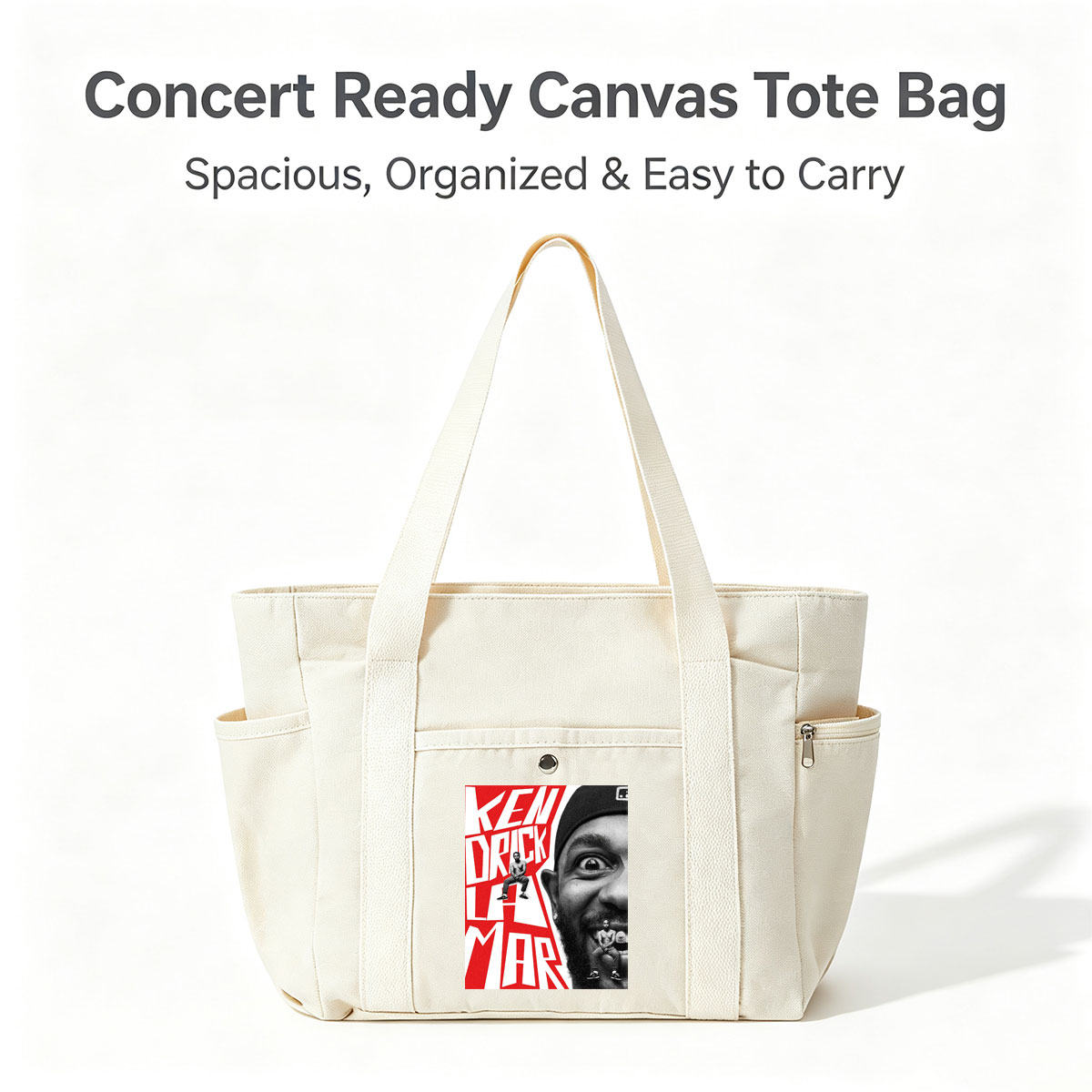 Ken Duck La Mar - Bold Red Text and Black-and-White Portrait with Miniature Figures on Face and Lettering - Multi-pocket bags
