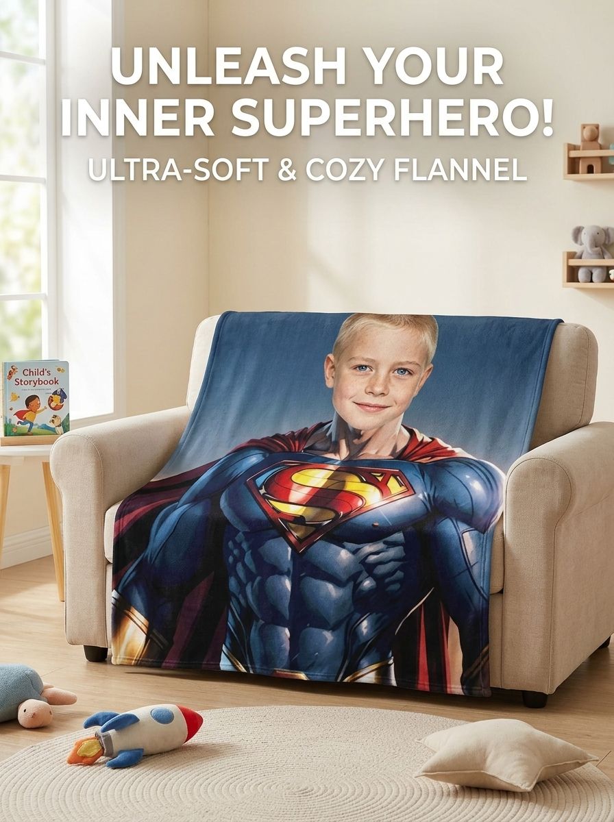 Custom Face Superhero Flannel Fleece Blanket Personalized Photo Throw for Bed and Couch Ideal Keepsake Gift