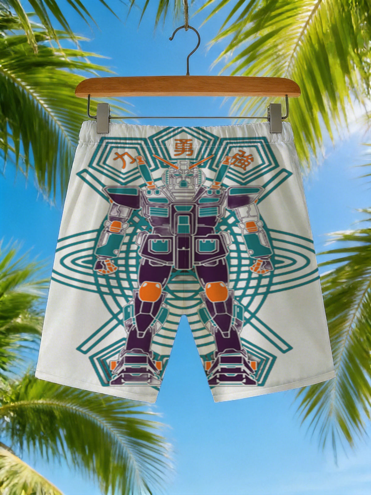 Gundam Warrior Robot with Chinese Characters and Geometric Design -  Beach shorts