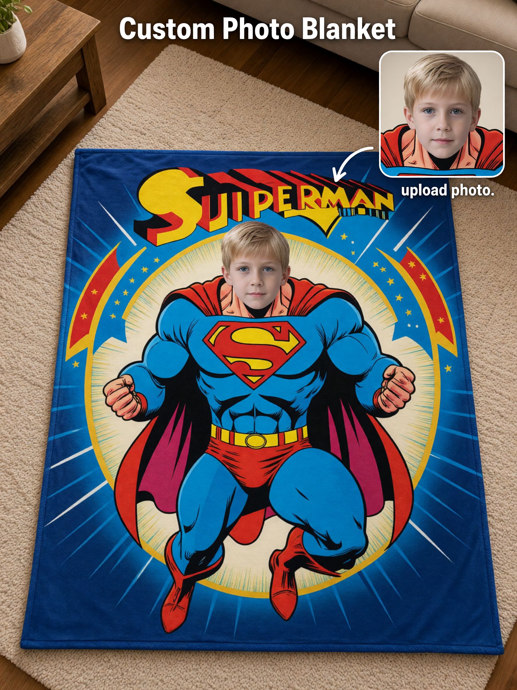 Personalized Superhero Face Photo Blanket Custom Flannel Fleece Throw for Kids and Adults Ideal Cozy Birthday Gift
