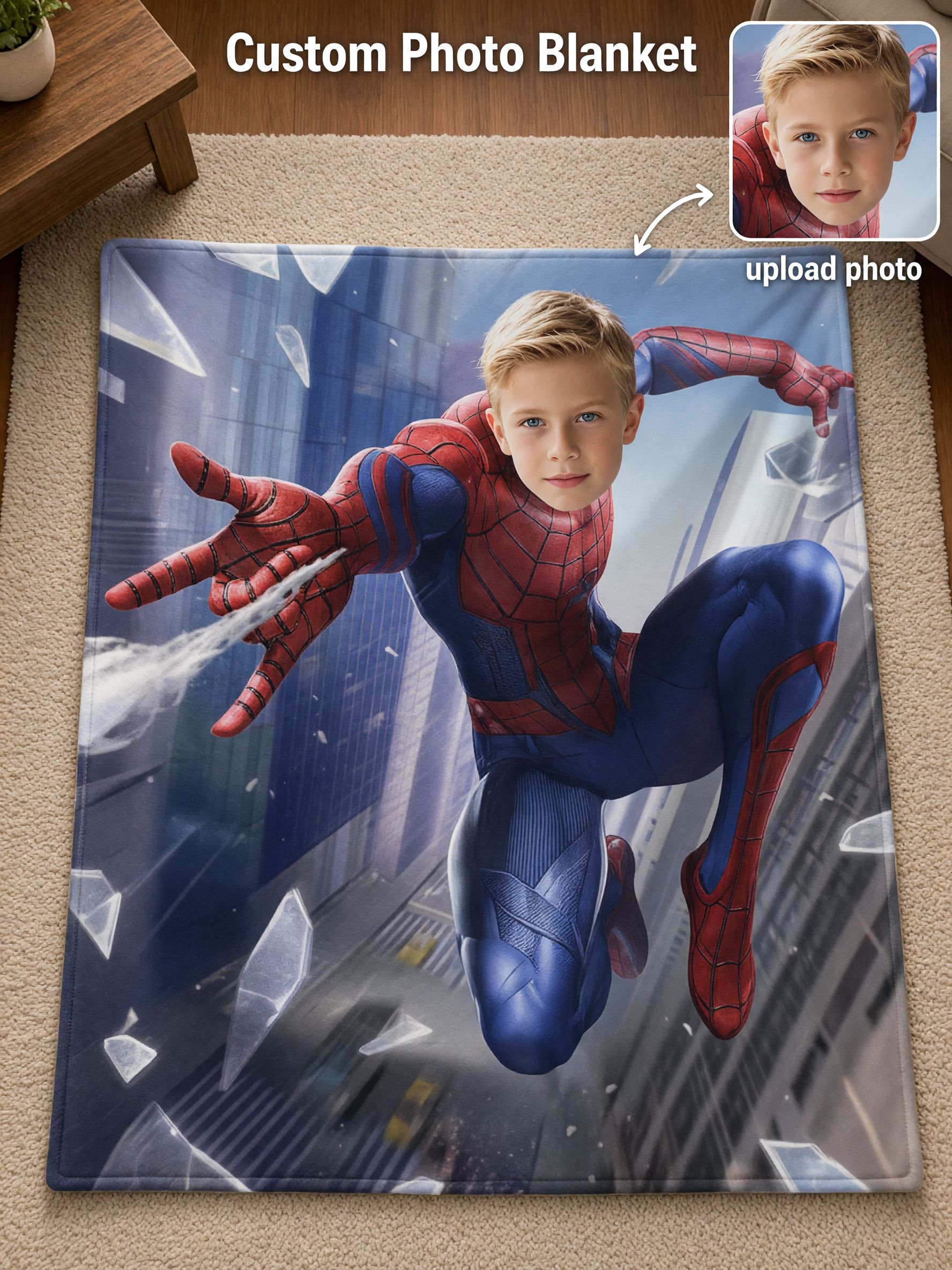 Custom Face Superhero Flannel Blanket, Personalized Photo Plush Throw for Kids, Cozy Anti-Pilling Bedroom Gift