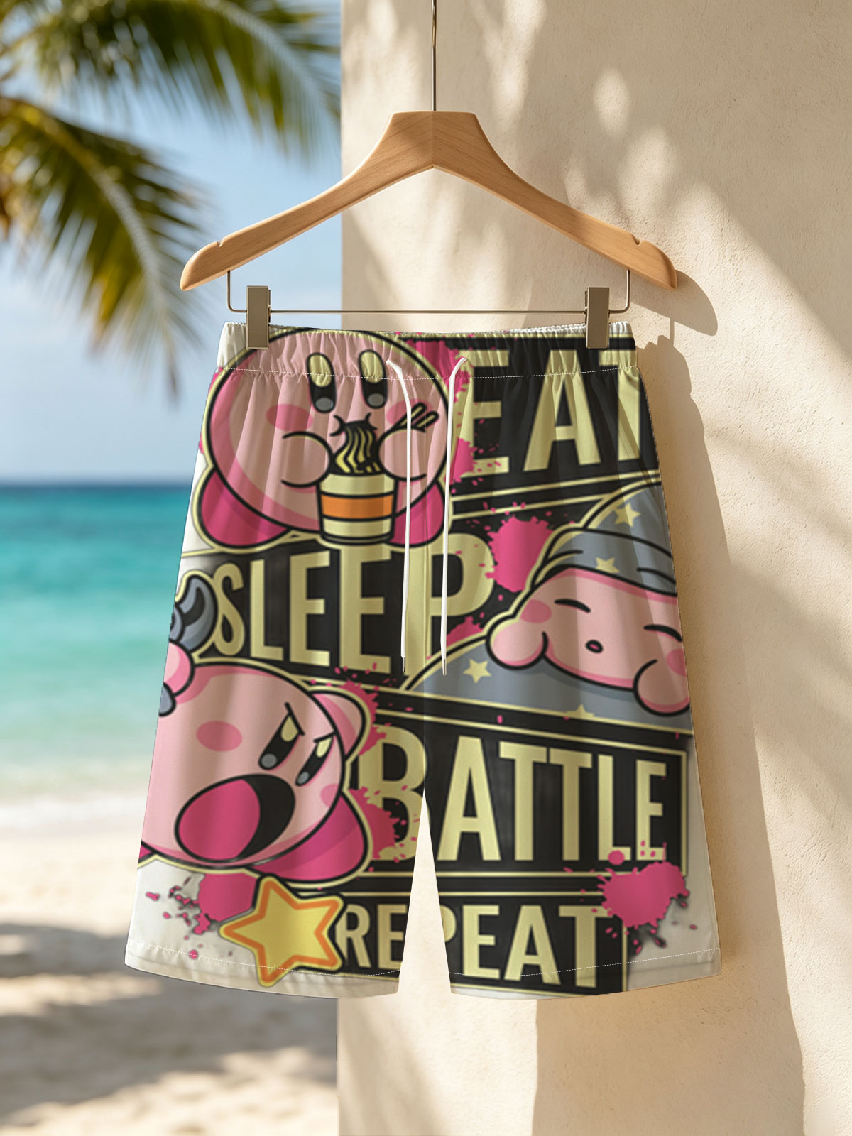 Kirby Eat Sleep Battle Repeat - Pink Star Warrior Adventure -  Beach shorts