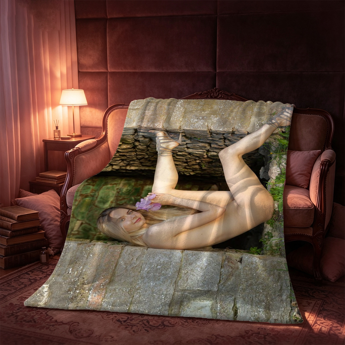 Nude redhead on purple couch - Blanket