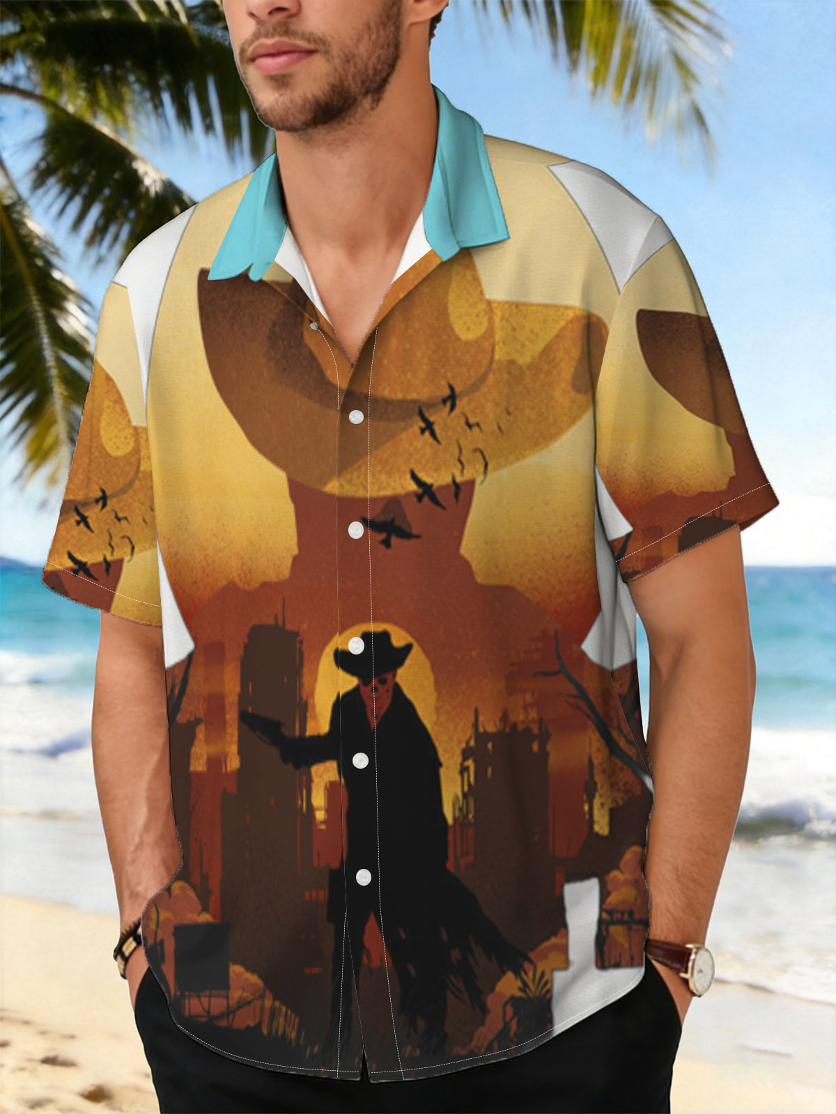 Cowboy Silhouette Against Sunset with Giant Hat and Birds in Sky -  Shirt
