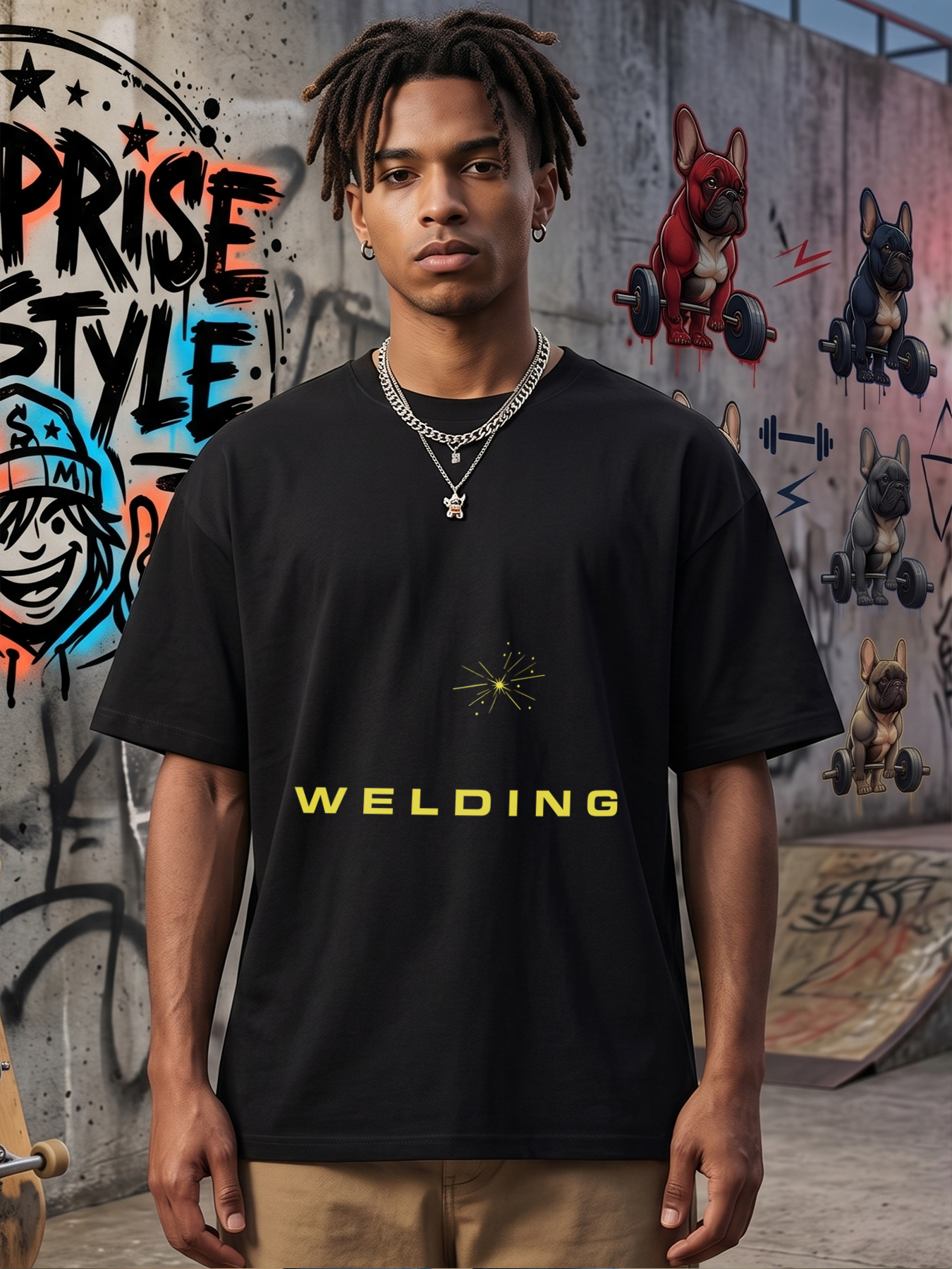 Men's Welding Spark Print T-Shirt Featuring Bold Yellow Welding Text and Spark Design Casual Round Neck Lightweight Breathable Summer Short Sleeve Tee for Workshop Enthusiasts and Industrial Workers