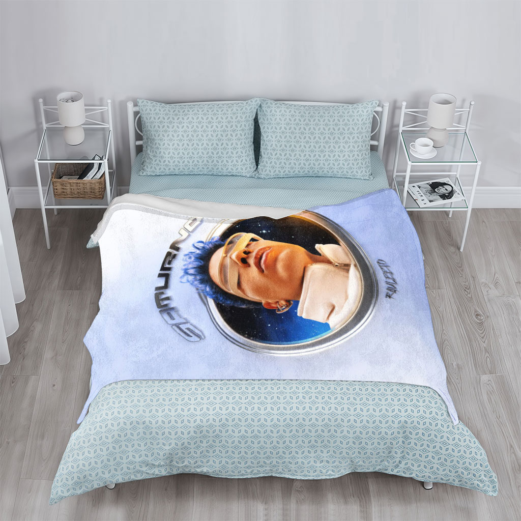 Rauw Alejandro in Space Through a Circular Window with Starry Background and Futuristic Look - Blankets