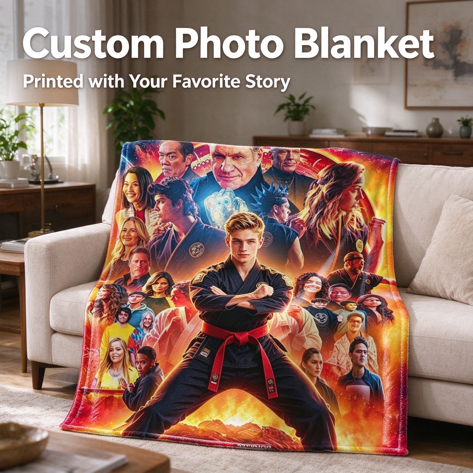 Custom Photo Flannel Throw Blanket Personalized Face Collage Print Lightweight Warm Fleece Bed Cover for Movie Night