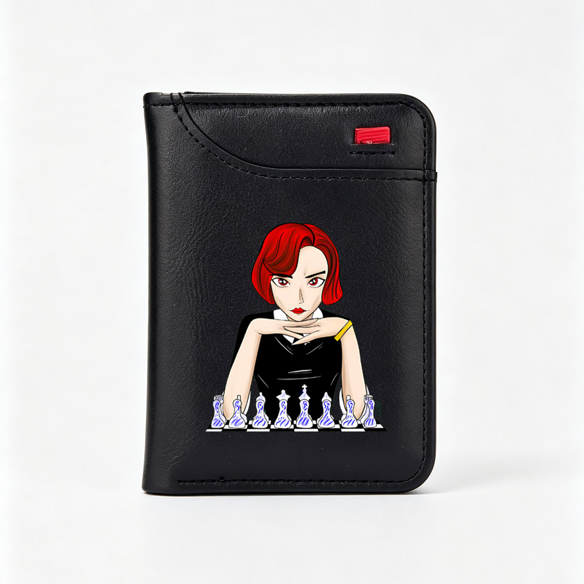 Red-Haired Woman in Black Dress Playing Chess - Vertical Style Wallet