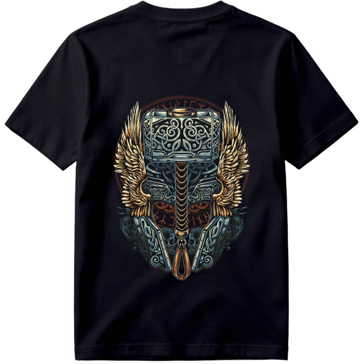 Thor's Hammer Mjolnir with Norse Symbols and Wings - Tee