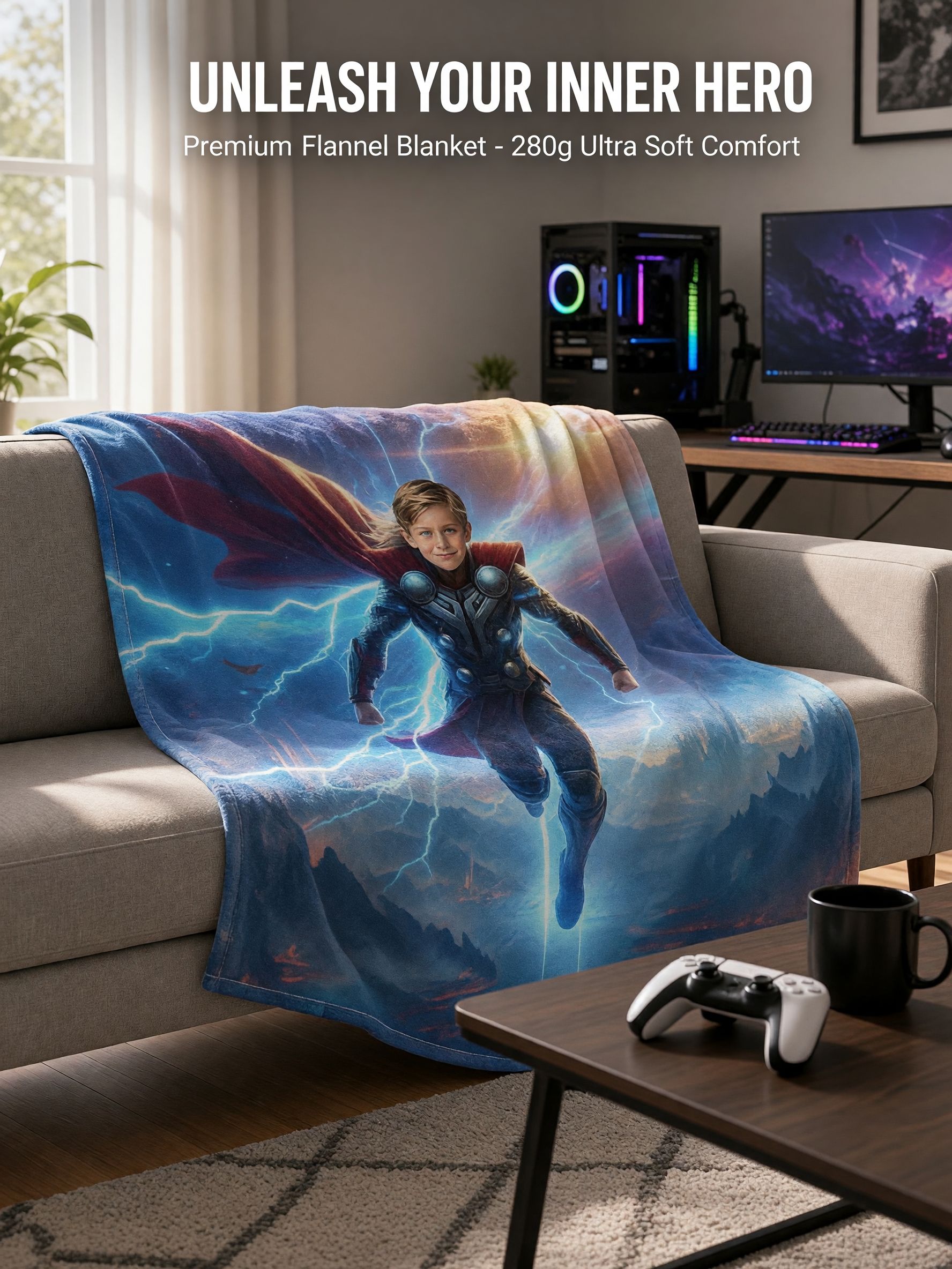 Custom Face Superhero Blanket, Personalized Photo Plush Flannel Throw for Kids, Ideal Cozy Gift for Bed and Sofa