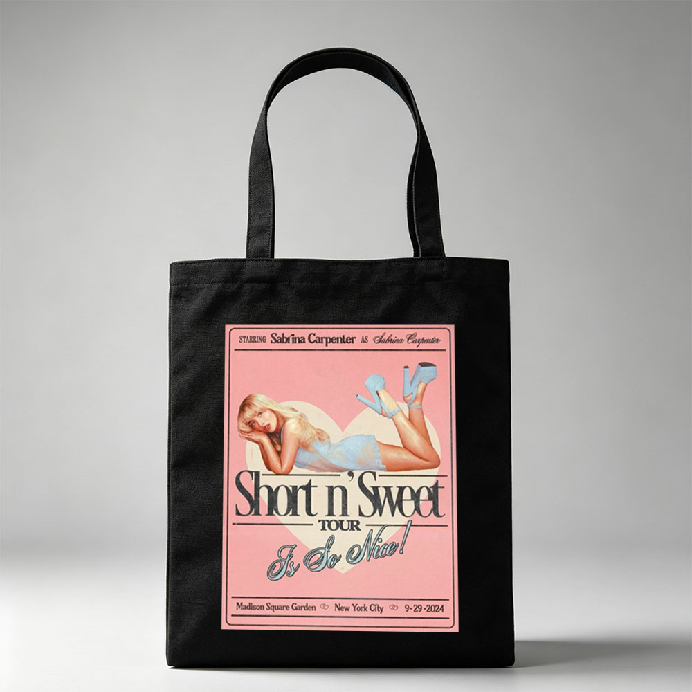 Sabrina Carpenter Short n' Sweet Tour Poster Featuring Her in a Blue Dress and Heels Lying on a Heart Background - Canvas tote bags