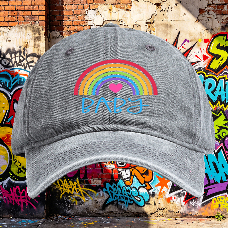 Unisex Classic Washed Cap with Rainbow Heart Baby Print | Casual Streetwear Hat for Adults and Teens | Perfect for Daily Wear, Outdoor Activities, and Fashion Statements
