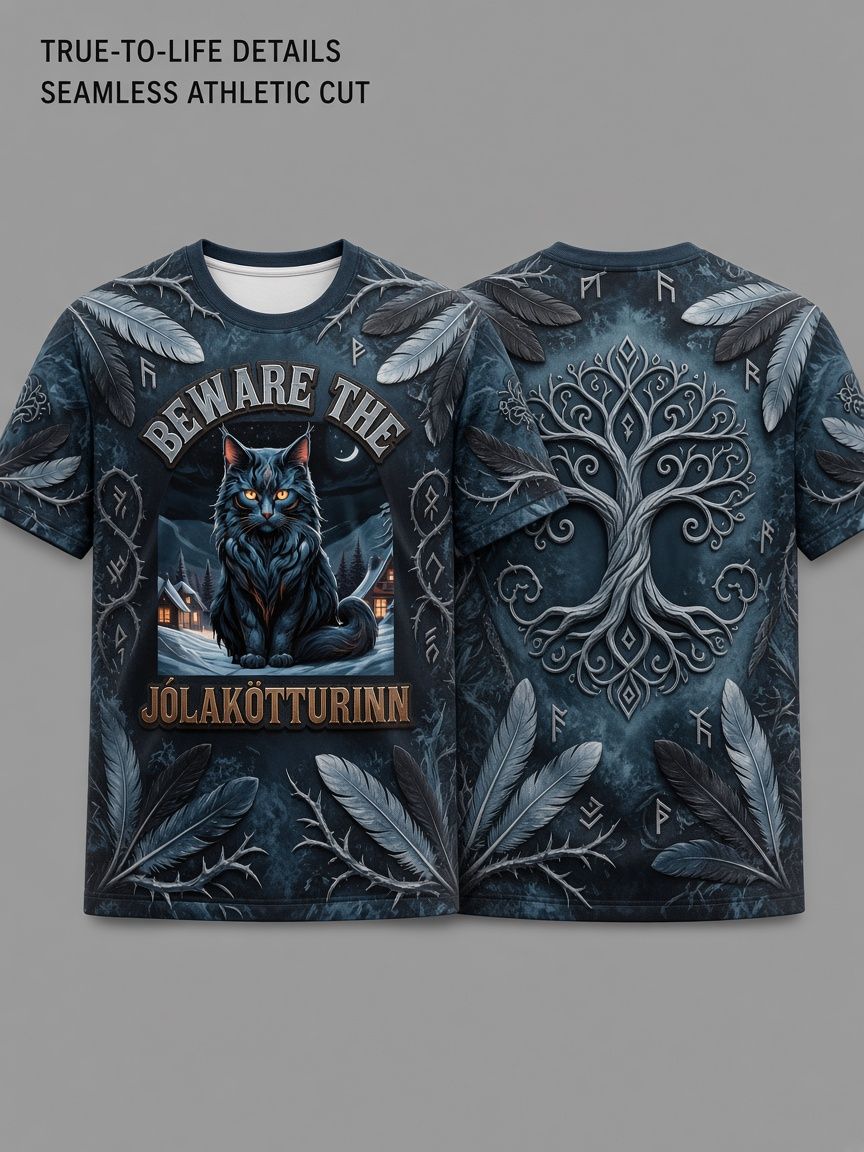 Yule Cat Jolakotturinn - 3D Optical Illusion Graphic Tee - Breathable Athletic Mesh T-Shirt - Casual Sports Wear