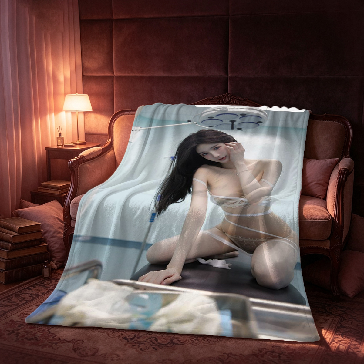 Ahegao Asian beauty in silver bikini top, topless tease. - Blanket
