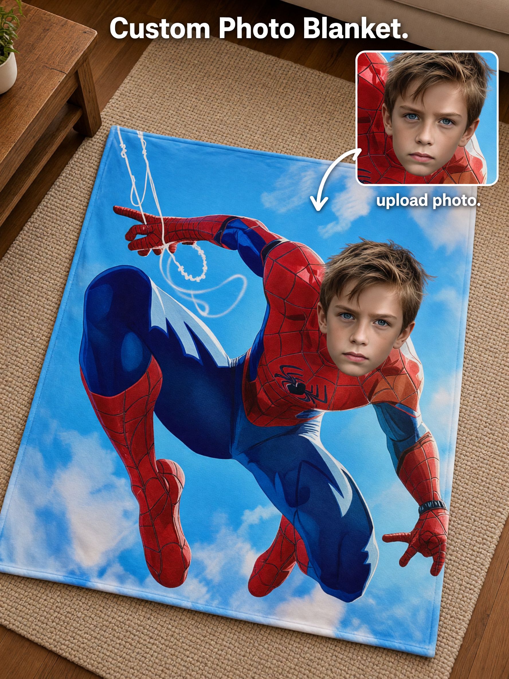 Custom Photo Superhero Flannel Blanket, Personalized Face Throw, Cozy Fleece Keepsake Gift for Kids and Family