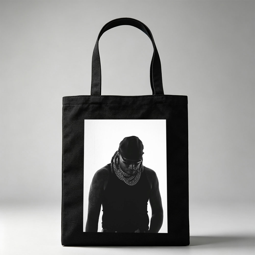 Lil Wayne in a striking black and white portrait wearing a bandana, sunglasses, and a thick chain necklace. - Canvas tote bags
